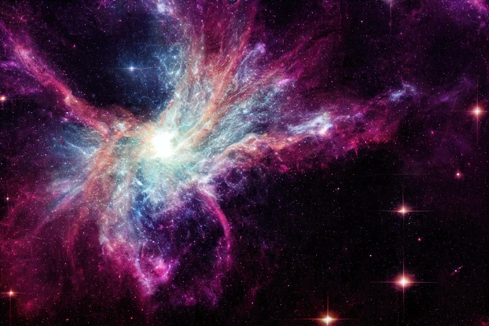 Nebulosa de filamentos rosados y celestes con un centro brillante, entre estrellas