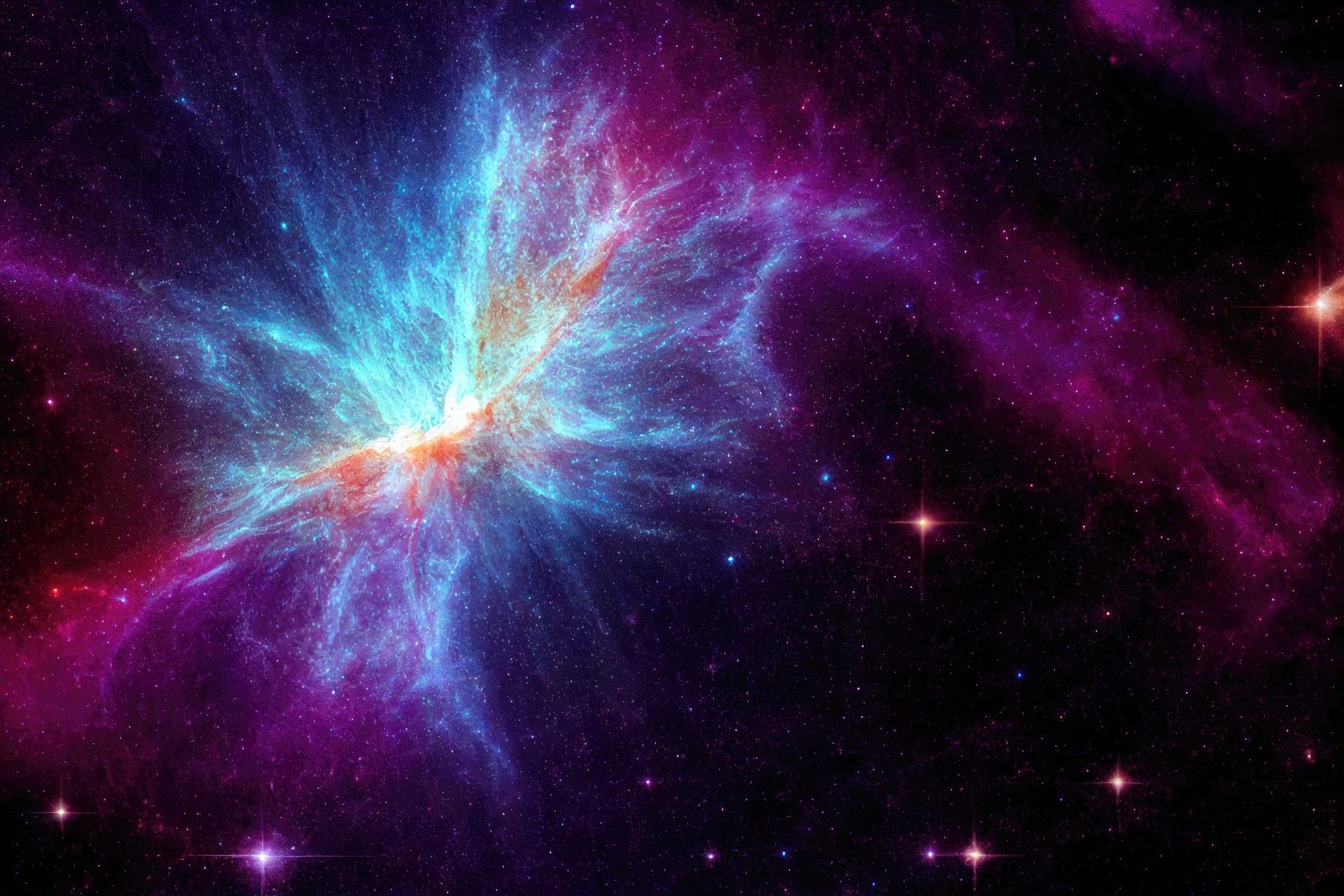 Nebulosa de gas azul y violeta con un centro brillante, entre estrellas