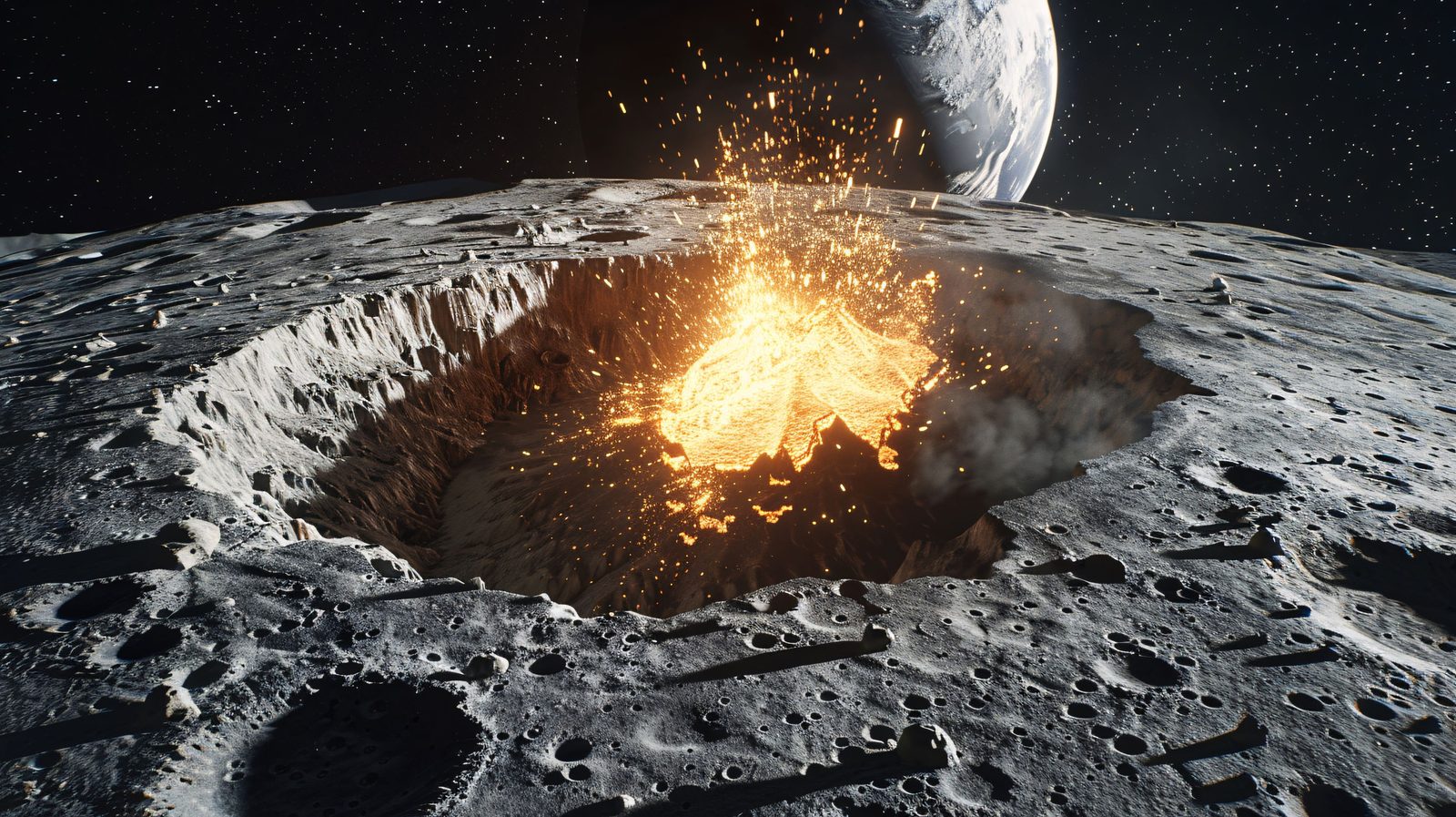 Ilustración de un impacto que levanta fuego y escombros dentro de un cráter lunar, con un planeta al fondo