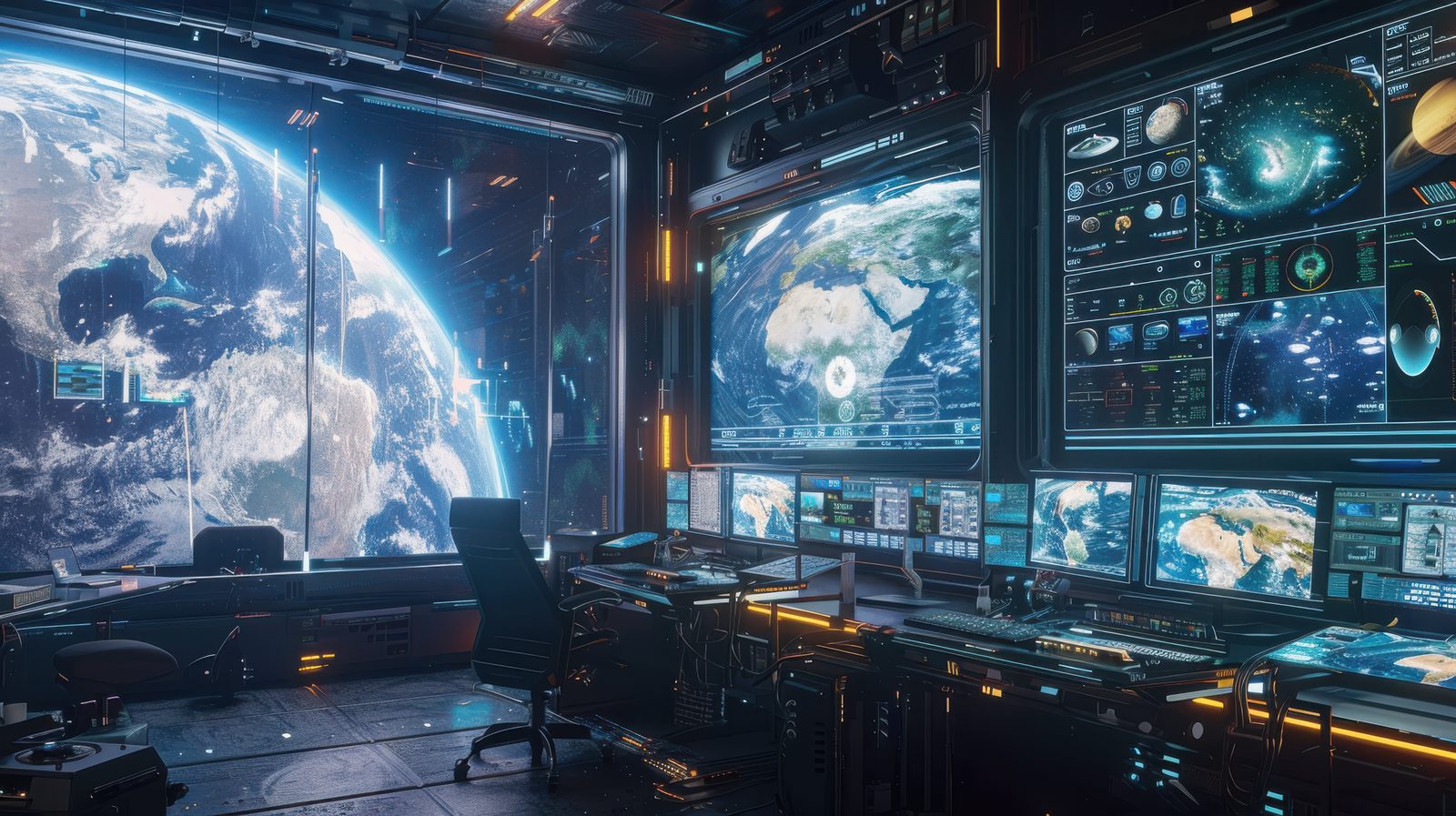 Ilustración de una sala de control con grandes pantallas y una vista de la Tierra